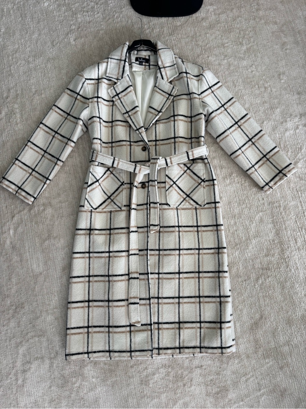 Lulus Long Plaid Wool Blend Belted Windowpane Coat Cream Black Camel - Picture 8 of 9